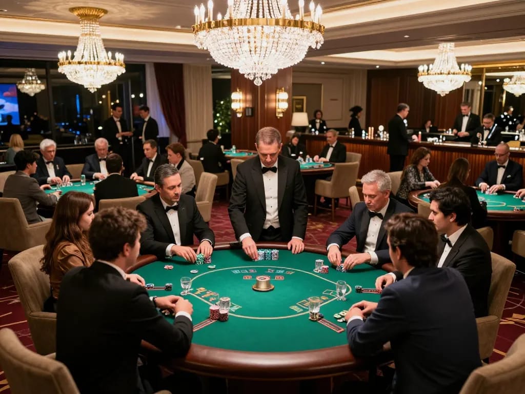 Players engaging in high-stakes gameplay at f168's elegant VIP poker table in a luxurious casino