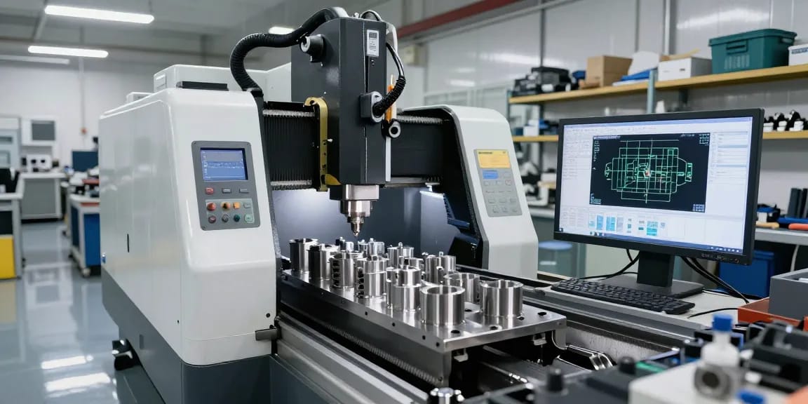 CNC-Bearbeitung in modernem Werkstattumfeld mit Techniker und Maschinen.