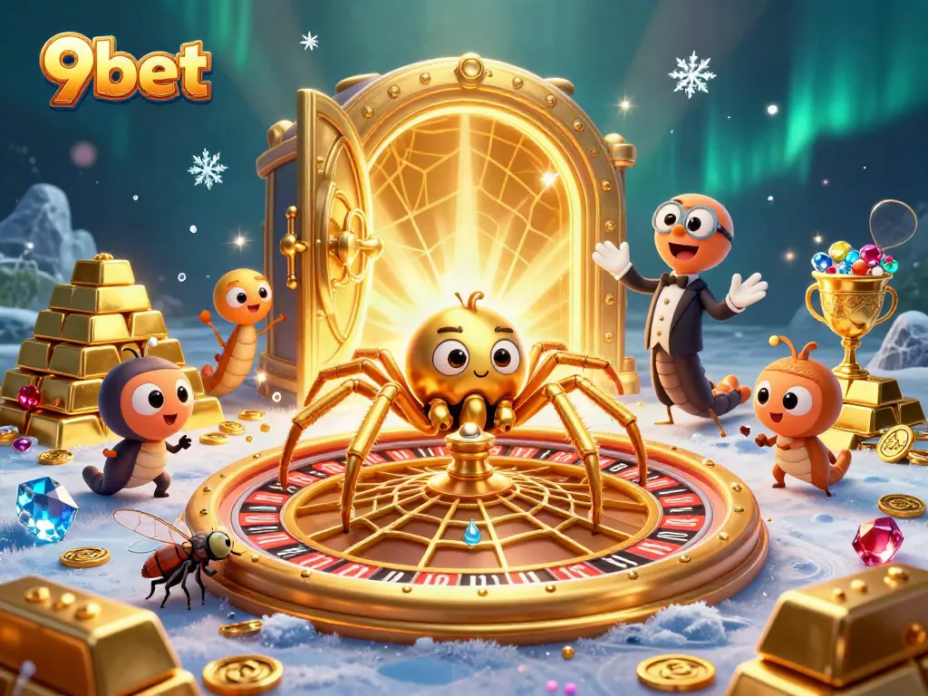 Experience thrilling bets with 9bet on a whimsical 3D casino scene featuring a spider and centipede.