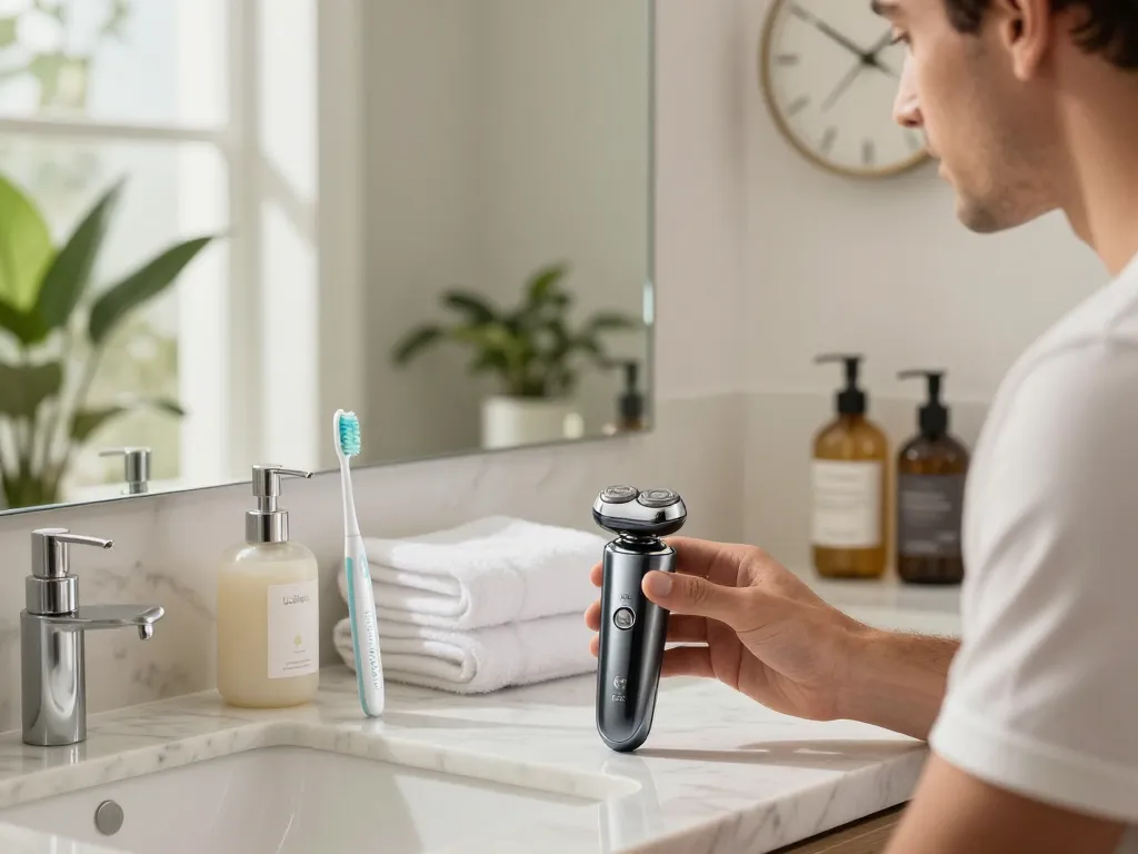 Laifen NEO Elektrorasierer und Wave Zahnbürste in einem luxuriösen Badezimmer, das tägliche Pflegeroutinen fördert