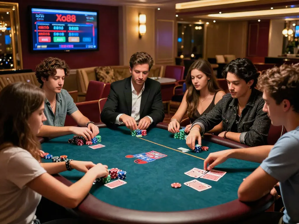 Xo88 poker game scene with friends enjoying high-stakes excitement