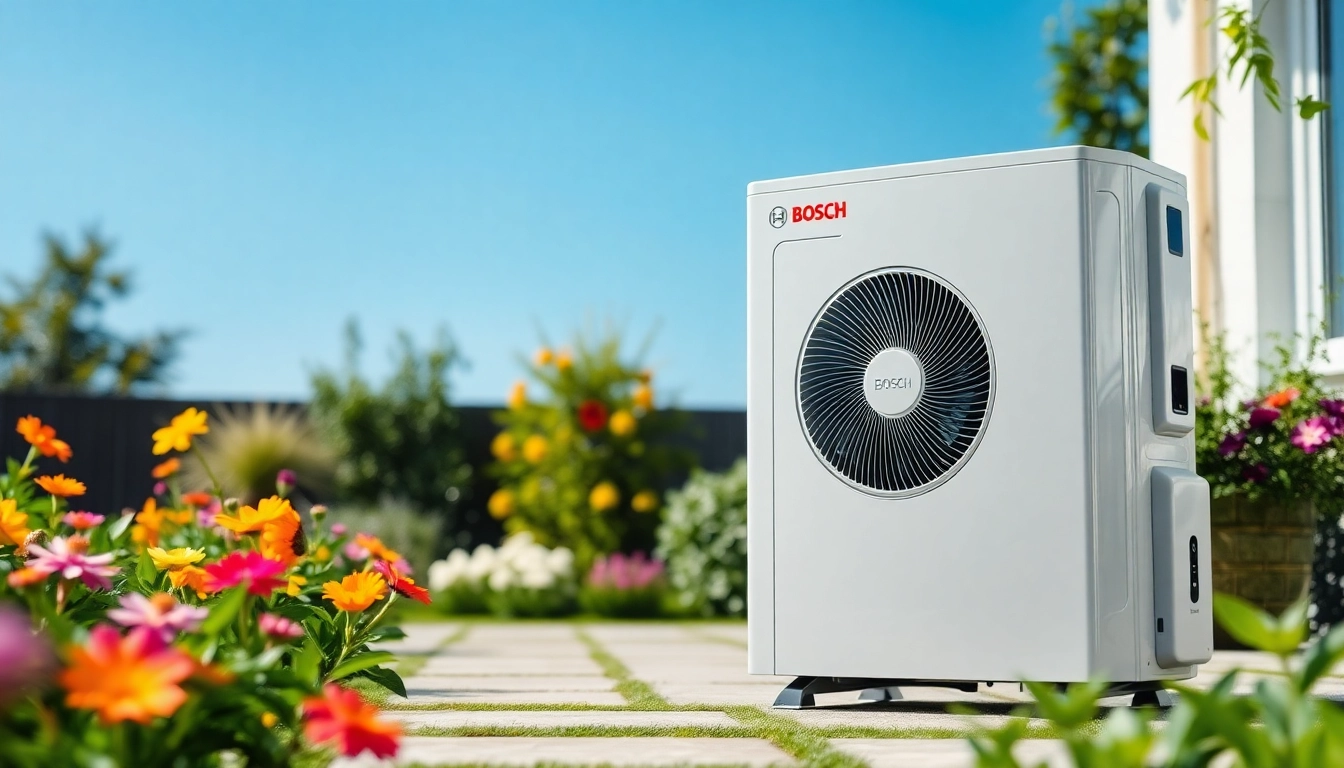 Wärmepumpe Bosch in einem umweltfreundlichen Garten mit natürlichem Licht.