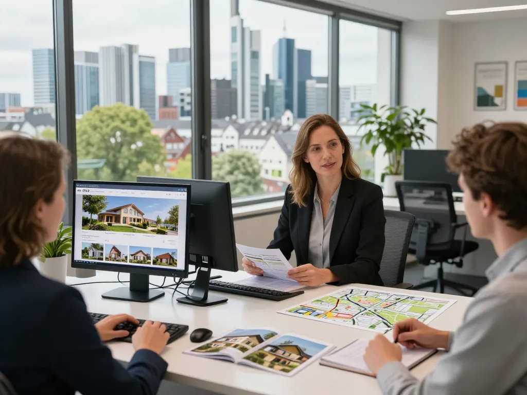 Immobilienmakler präsentiert Immobilien in Frankfurt Riedberg und zeigt die Dienstleistungen des Immobilienmaklers Frankfurt Riedberg in einem modernen Büro.