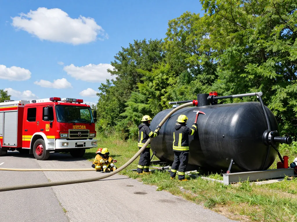 Löschwasserzisterne gemäß DVGW W405, demonstriert von Feuerwehrleuten, die einen zusammenklappbaren Löschwassertank an einem Einsatzort aufbauen.
