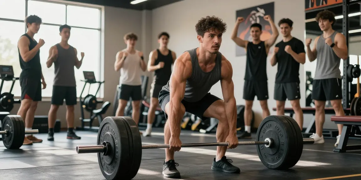 Anabolika Shop - Bodybuilder beim Heben von Gewichten im Fitnessstudio, umgeben von Trainingsgeräten und motivierenden Botschaften.