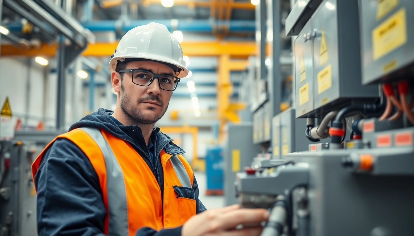 DGUV V3 Prüfung in industrial environment by a technician wearing safety gear.