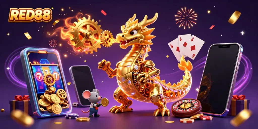 Experience the excitement of RED88 with a golden dragon and gaming elements in a lively casino scene.