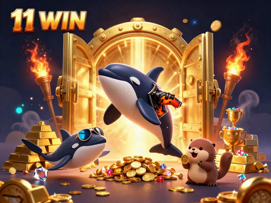 Experience thrilling wins at 11 WIN casino with animated sea creatures celebrating in a treasure-filled scene.