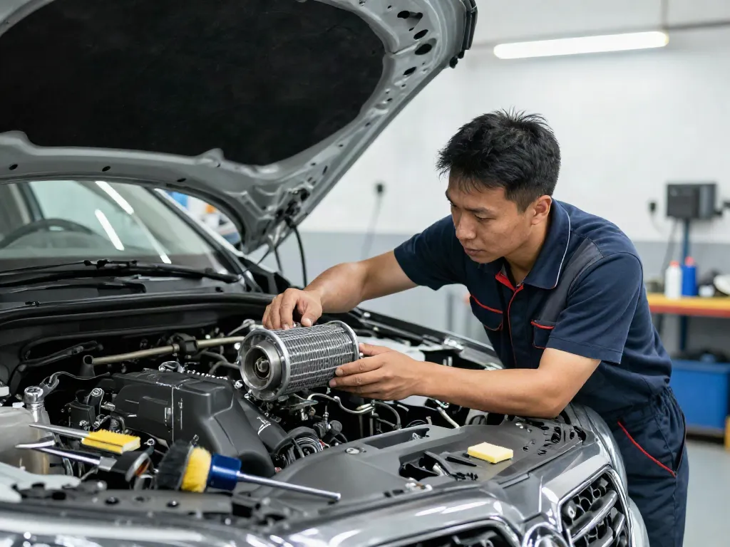 Mechaniker bei der DPF-Reinigung in einer sauberen Werkstatt.