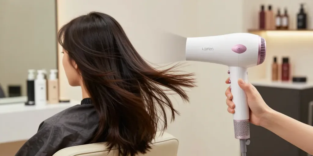 Laifen Mini haartrockner actively styling hair in a chic salon.