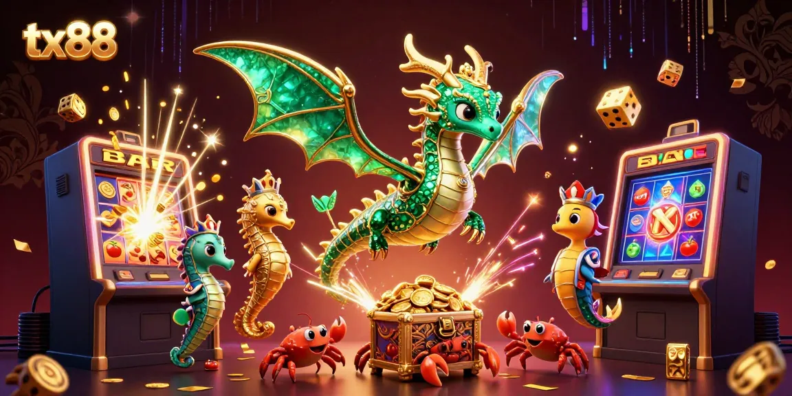Experience excitement with tx88's vibrant sea dragon, slot machine, and treasure chest illustration.
