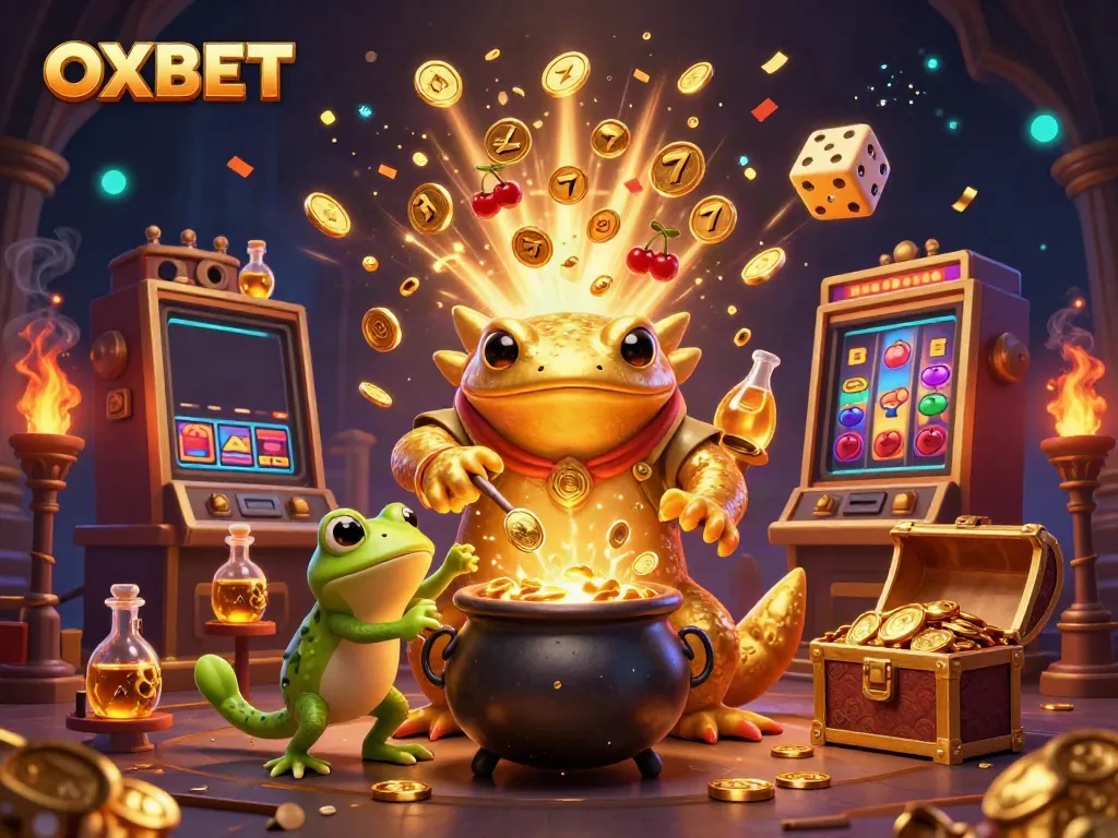 Experience the magic of winning with OXBET's colorful 3D casino scene, featuring alchemists and gold elements.