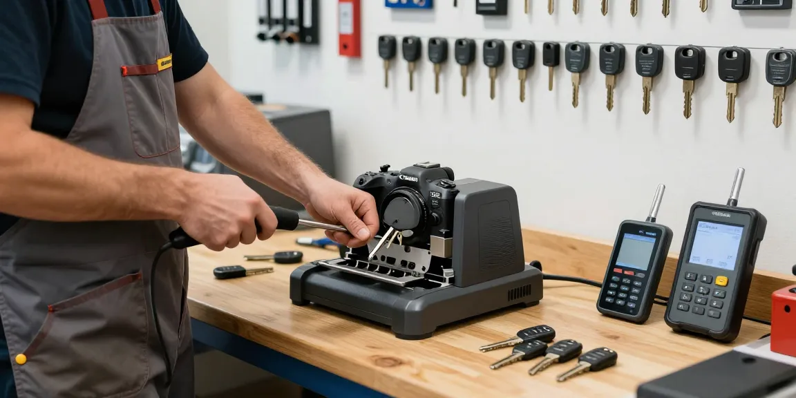 Experte bei der Schlüsselanfertigung für Autoschlüssel in professioneller Werkstatt mit modernem Equipment.