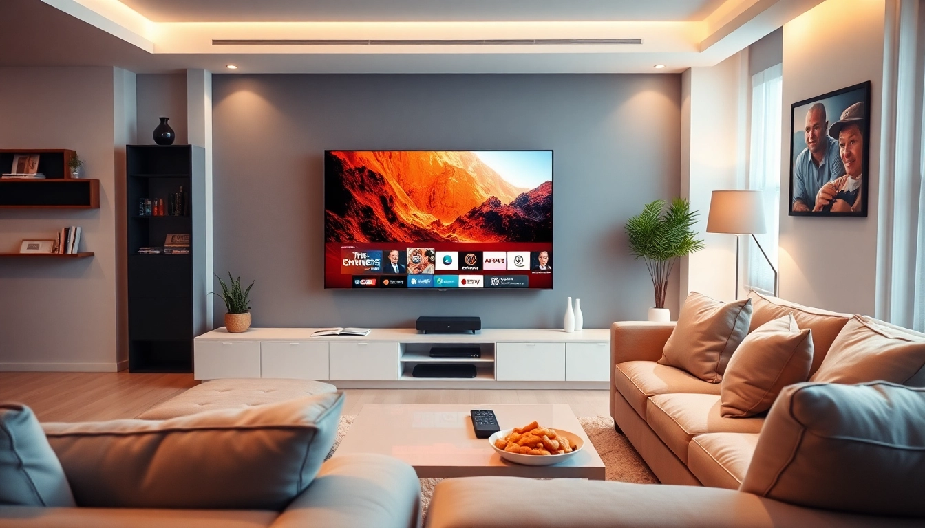 IPTV Anbieter in modernem Wohnzimmer mit lebendigem Streaming-Inhalt auf dem Fernseher.
