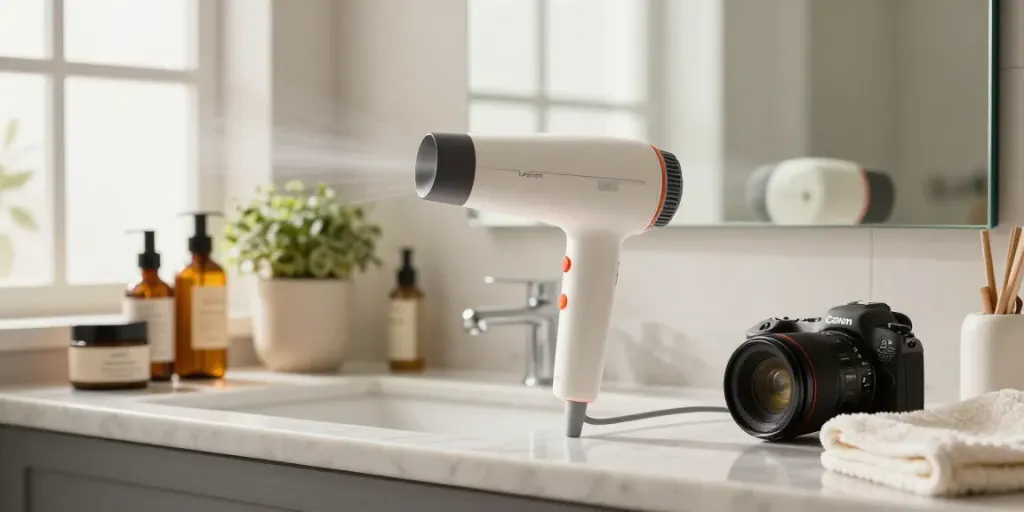 Laifen Mini haartrockner showcased in a bright bathroom with beauty products.