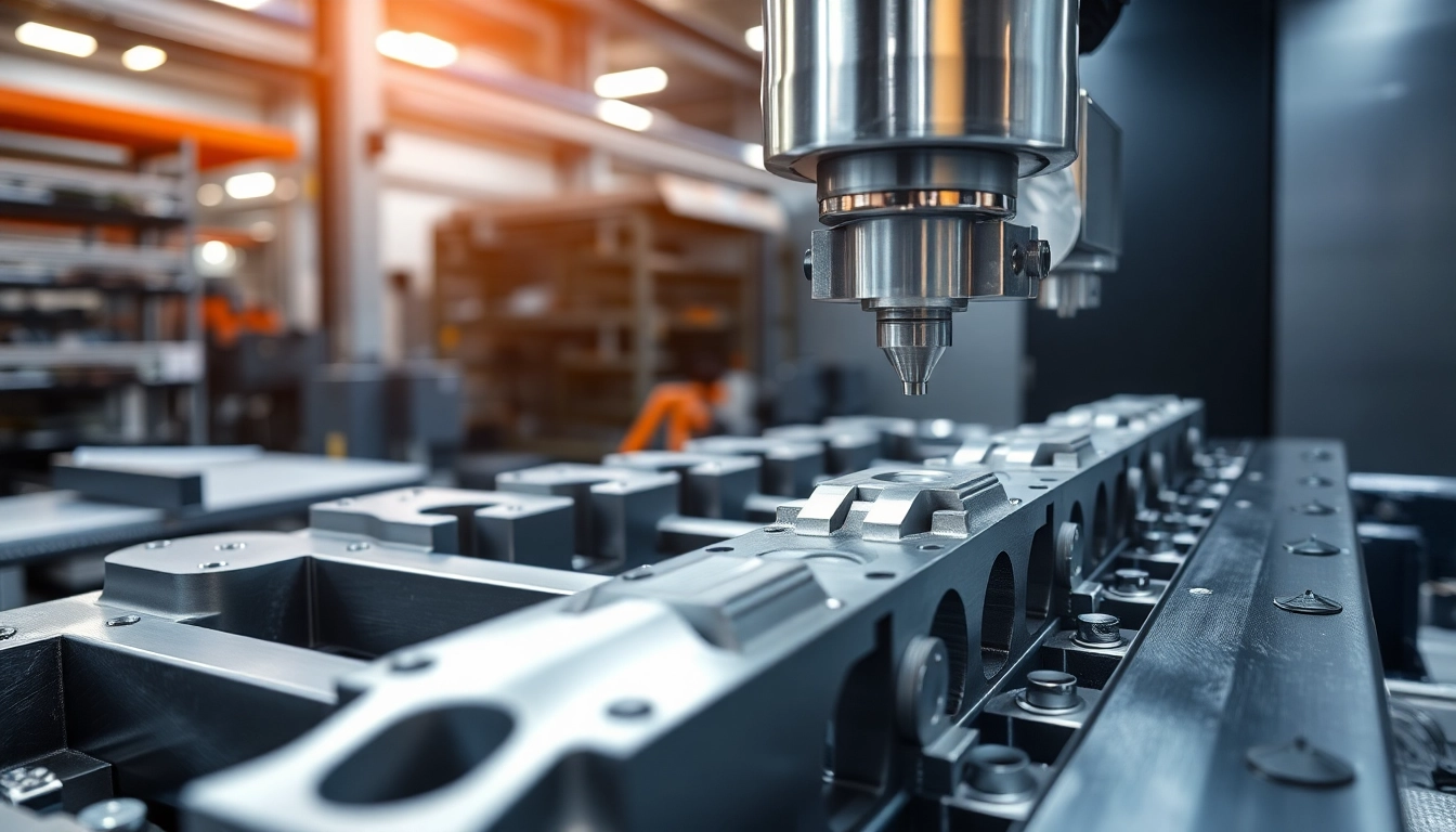 CNC Metallbearbeitung in Aktion mit präzise gefertigten Komponenten und moderner Maschinenumgebung.