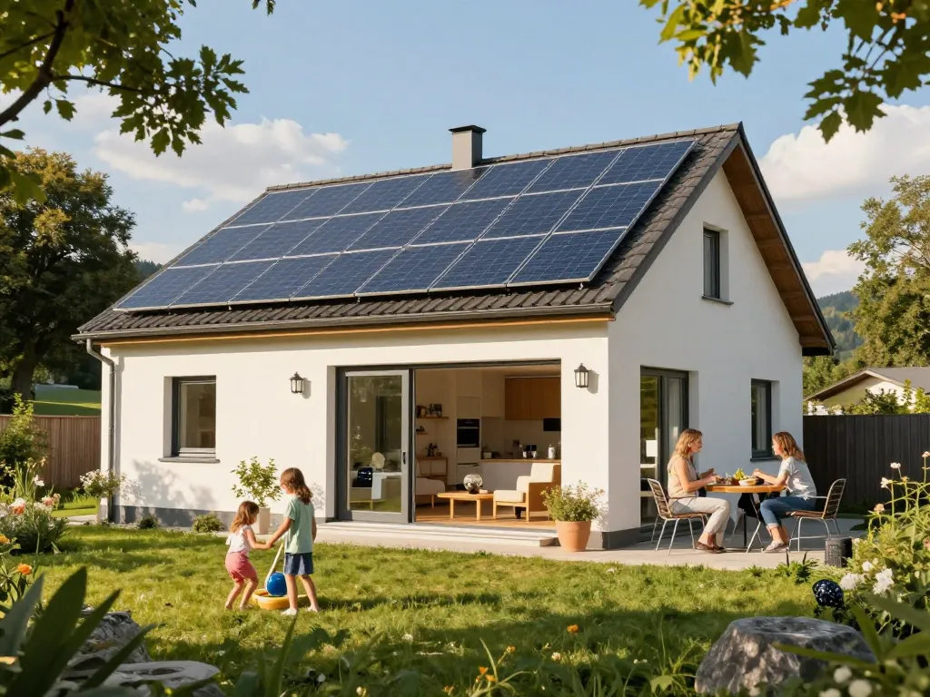 Photovoltaik Bayern - Umweltfreundliches Zuhause in Bayern mit Solarpanelen, Familie genießt Aktivitäten im Freien und eine grüne Landschaft.