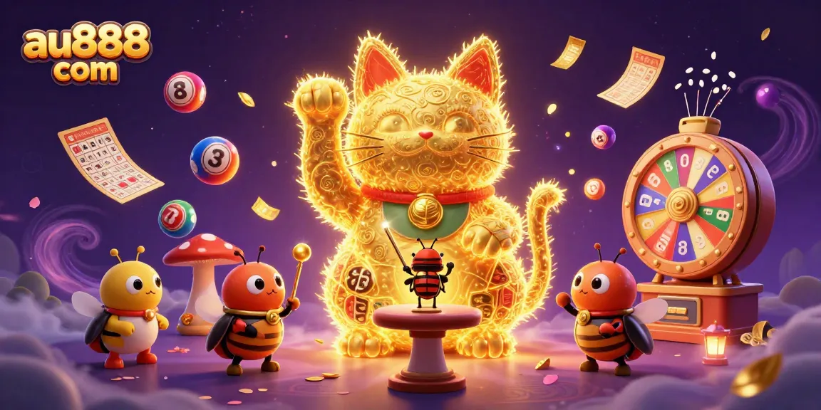Experience the excitement of au888 com with a giant lucky cat and vibrant casino symbols in this dynamic illustration.