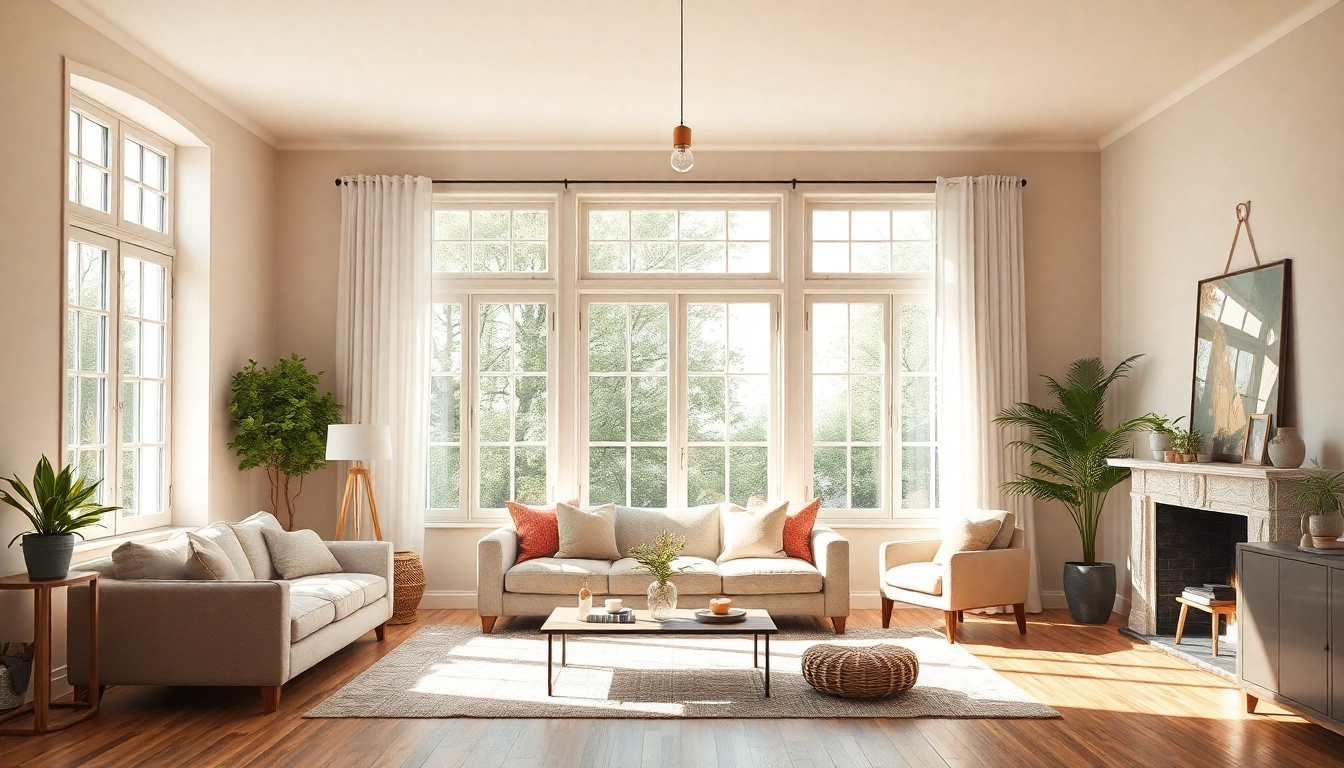 Inspirierte Hausrenovierung: modernes Wohnzimmer mit großen Fenstern und sanften Farben.