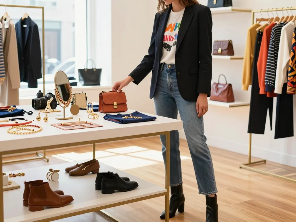 Entdecken Sie Sofort Lieferbar trendige Mode in einem lebhaften Boutiquen-Setting, das stilvolle Accessoires und Kleidung präsentiert.