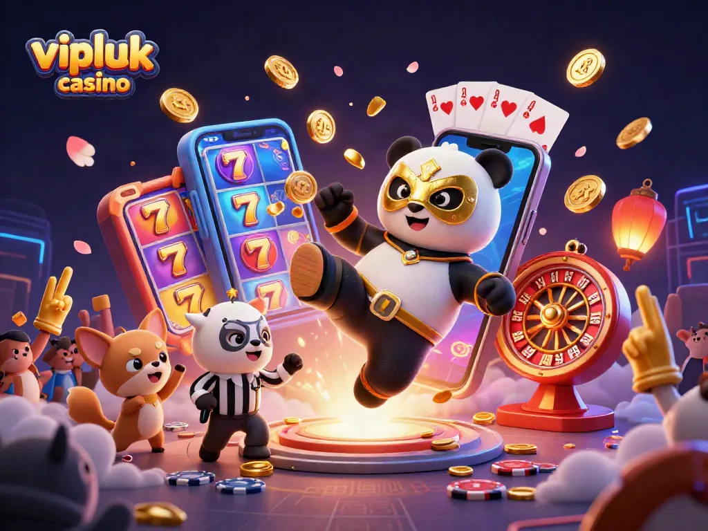 Join the excitement at vipluck casino with a panda wrestler in action and casino elements in a vibrant scene.