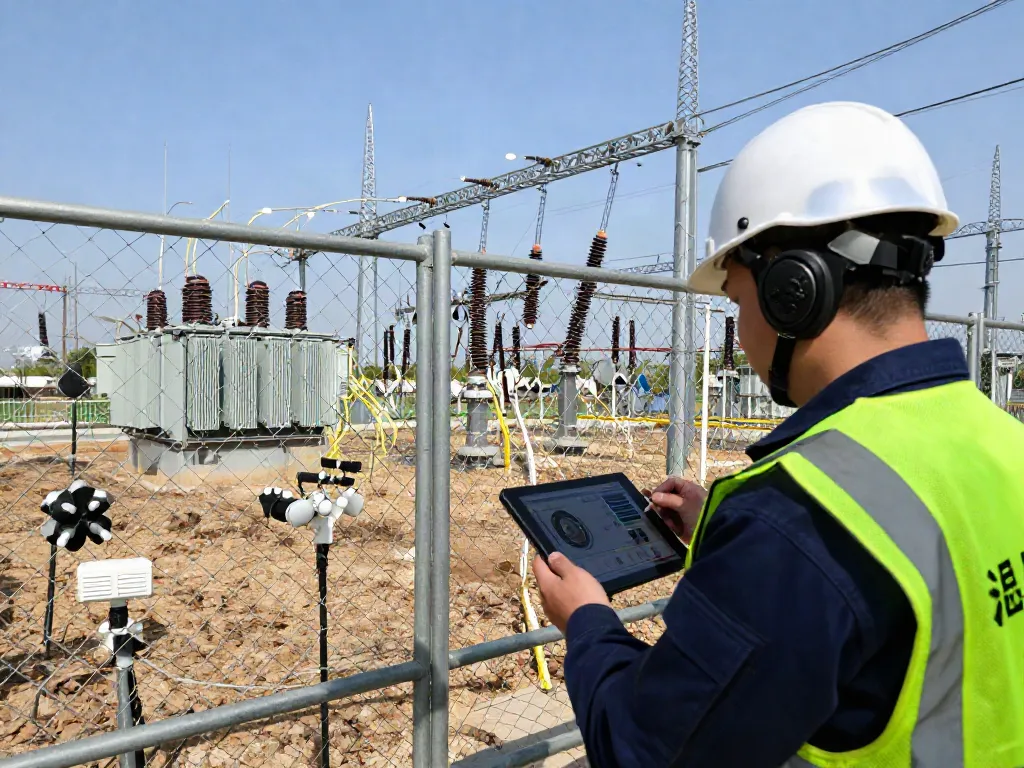 Sensoren für den Schutz kritischer Infrastruktur werden von einem Techniker an einem Umspannwerk überwacht und installiert.