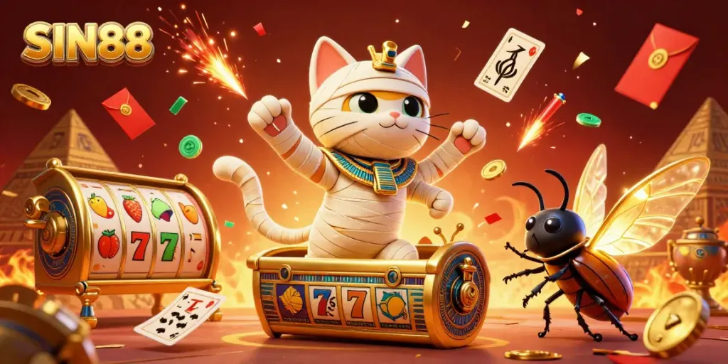 Experience thrilling casino action with SIN88 featuring a cartoon mummy cat and gaming symbols.