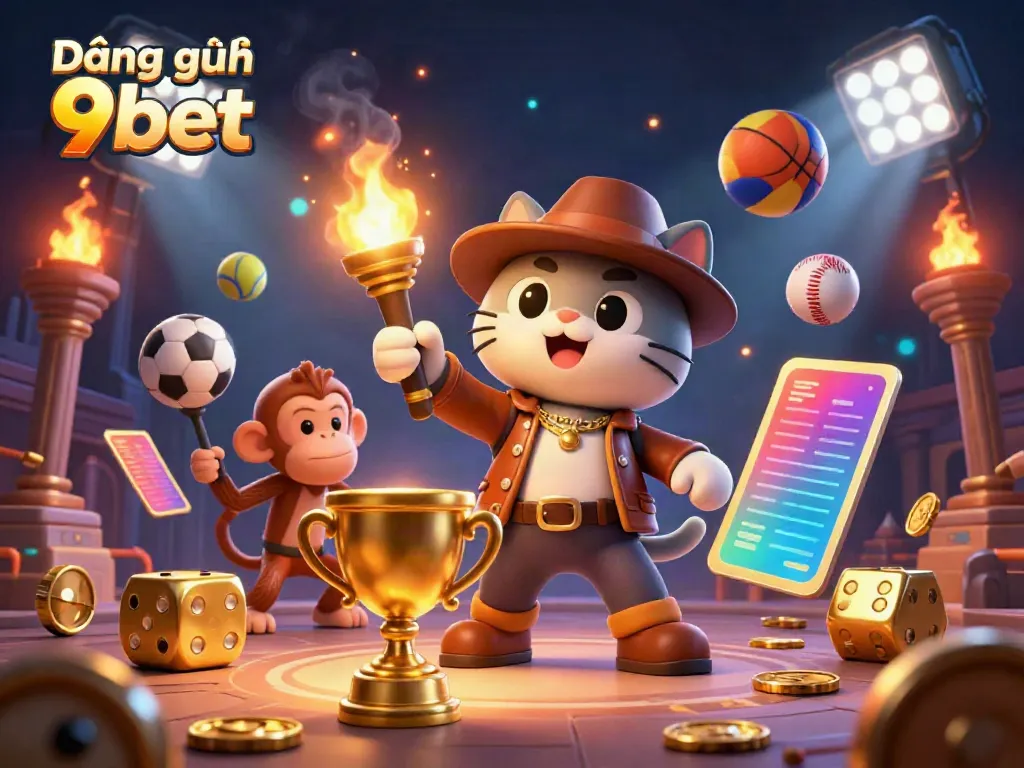 Engage with Đăng ký 9bet as a cat explorer and monkey discover treasures in a vibrant casino scene.