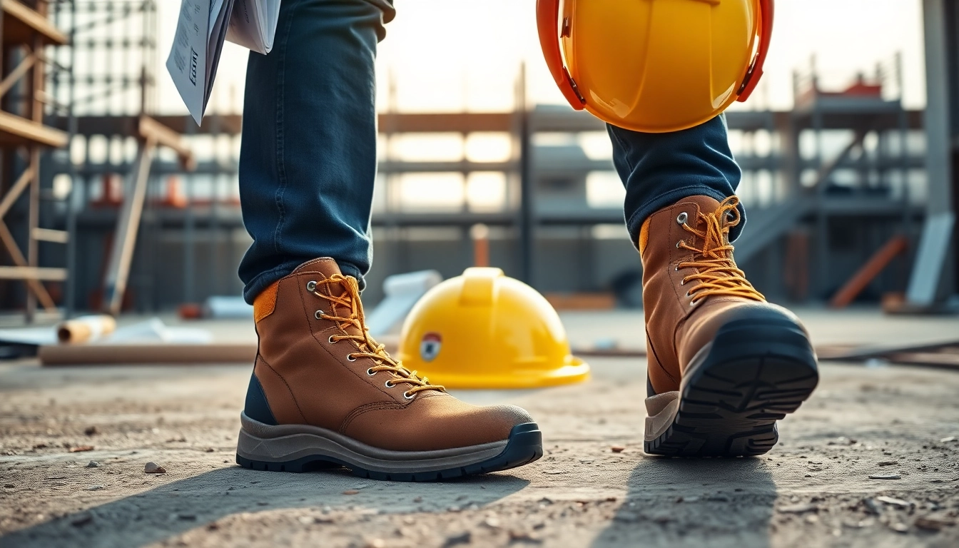 Jallatte Sicherheitsschuhe auf einer Baustelle mit einem Arbeiter, die ihre Haltbarkeit und Sicherheitsmerkmale hervorheben.
