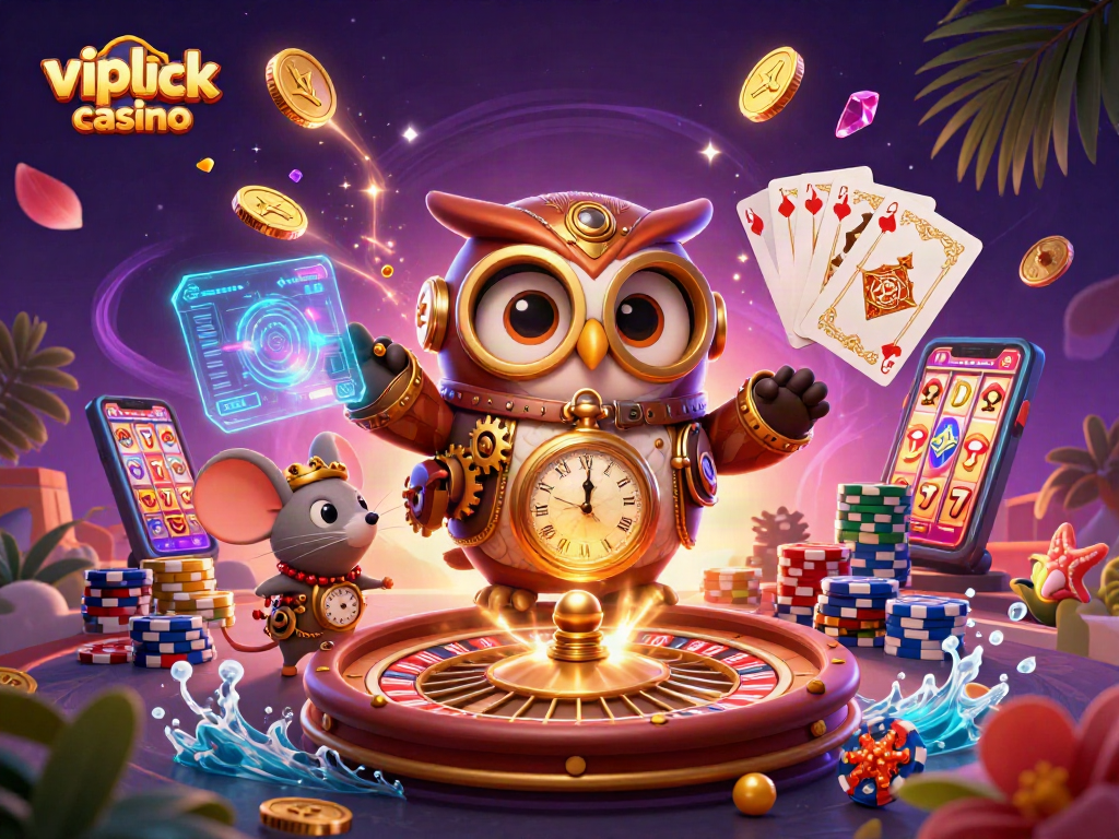 Experience thrilling gameplay at vipluck casino with steampunk owl and exciting casino elements!