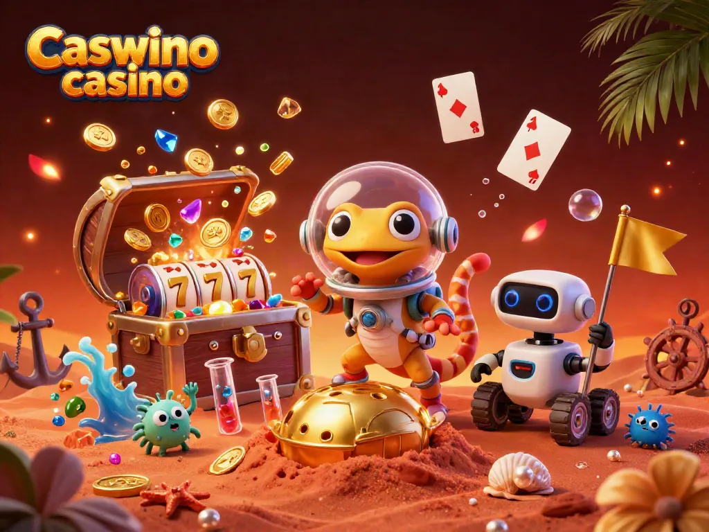 Experience the excitement of Caswino casino with our vibrant Martian gecko uncovering a golden casino among the red sands.