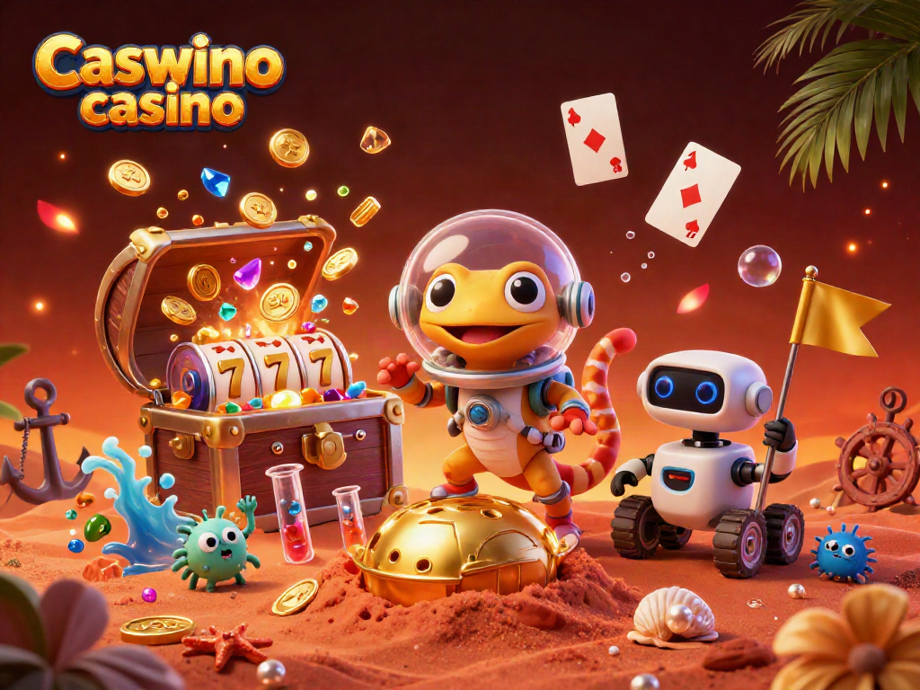 Experience the excitement of Caswino casino with our vibrant Martian gecko uncovering a golden casino among the red sands.