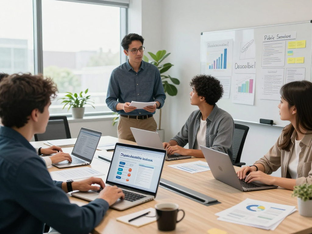 Öffentliche und gemeinnützige Einrichtungen Kommunen diskutieren digitale Barrierefreiheit in modernem Büro.