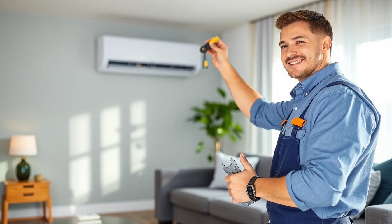 Technician expertly klimaanlagen installieren lassen in a stylish living room with modern decor.