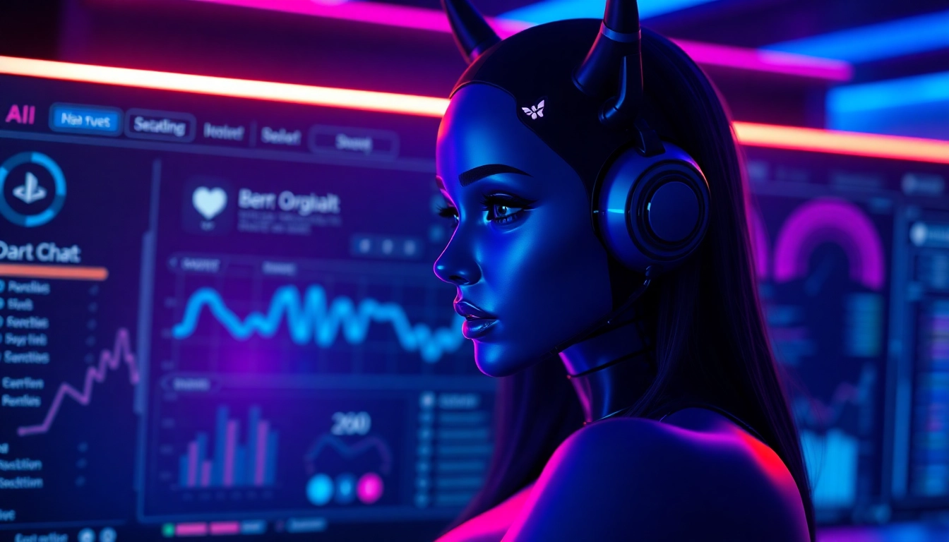 Interactive porn AI chat interface featuring a sultry AI character in a captivating digital environment.