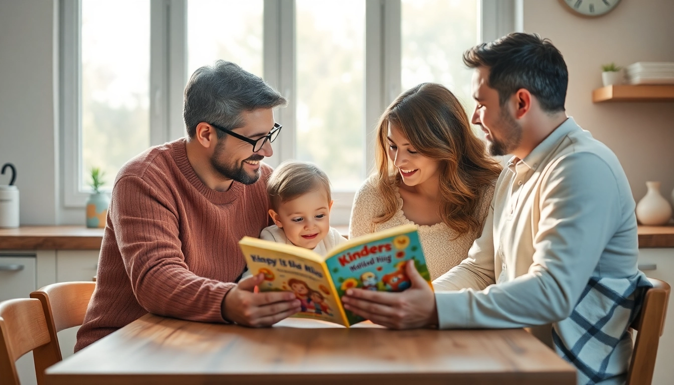 Familie genießt eine liebevolle Kindererziehung beim Lesen eines Buches.