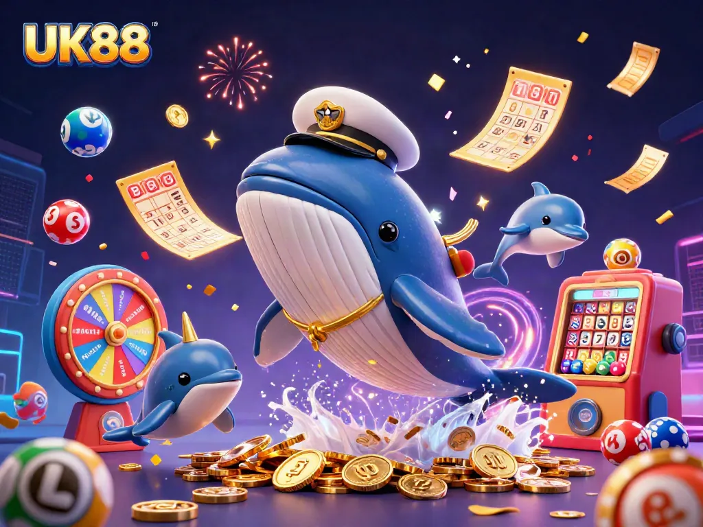 Engage with UK88’s dynamic casino adventure featuring playful whales and vibrant lottery elements.