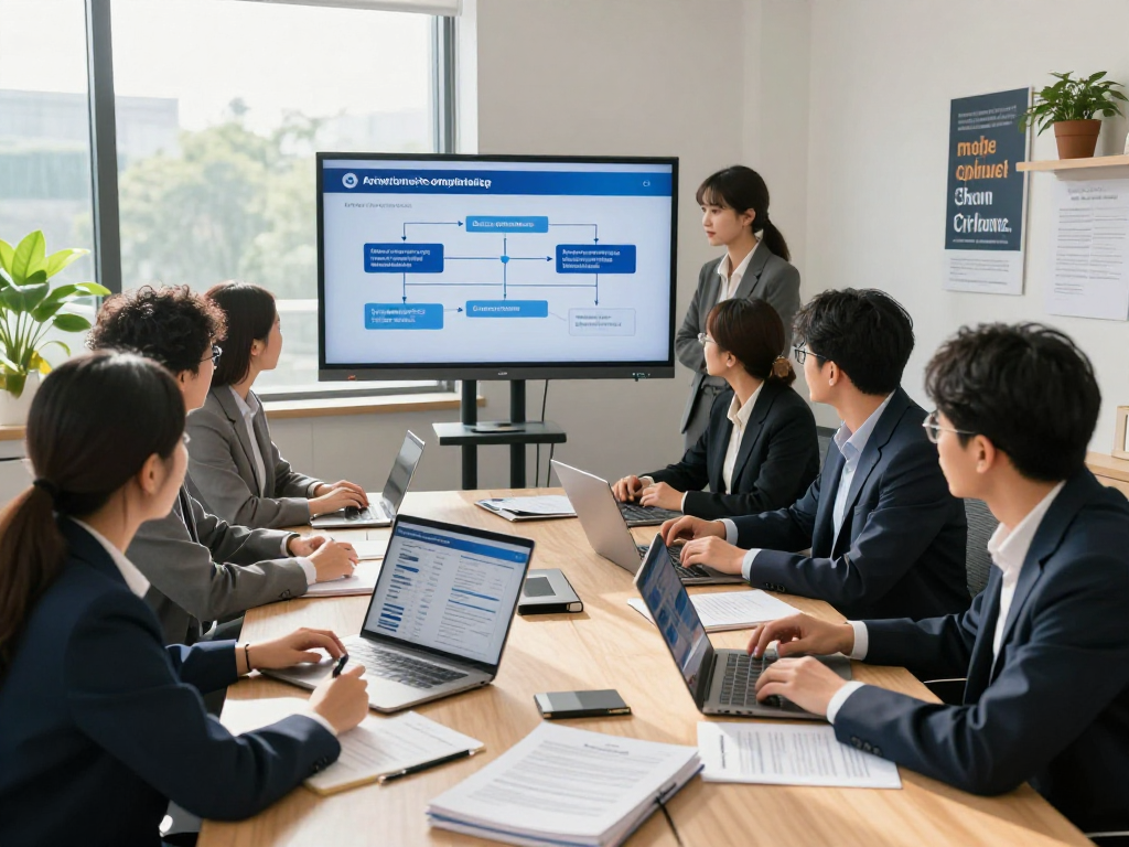 Engaged team discussing Datenschutz und Barrierefreiheit for öffentliche und gemeinnützige Einrichtungen Kommunen in a modern office.