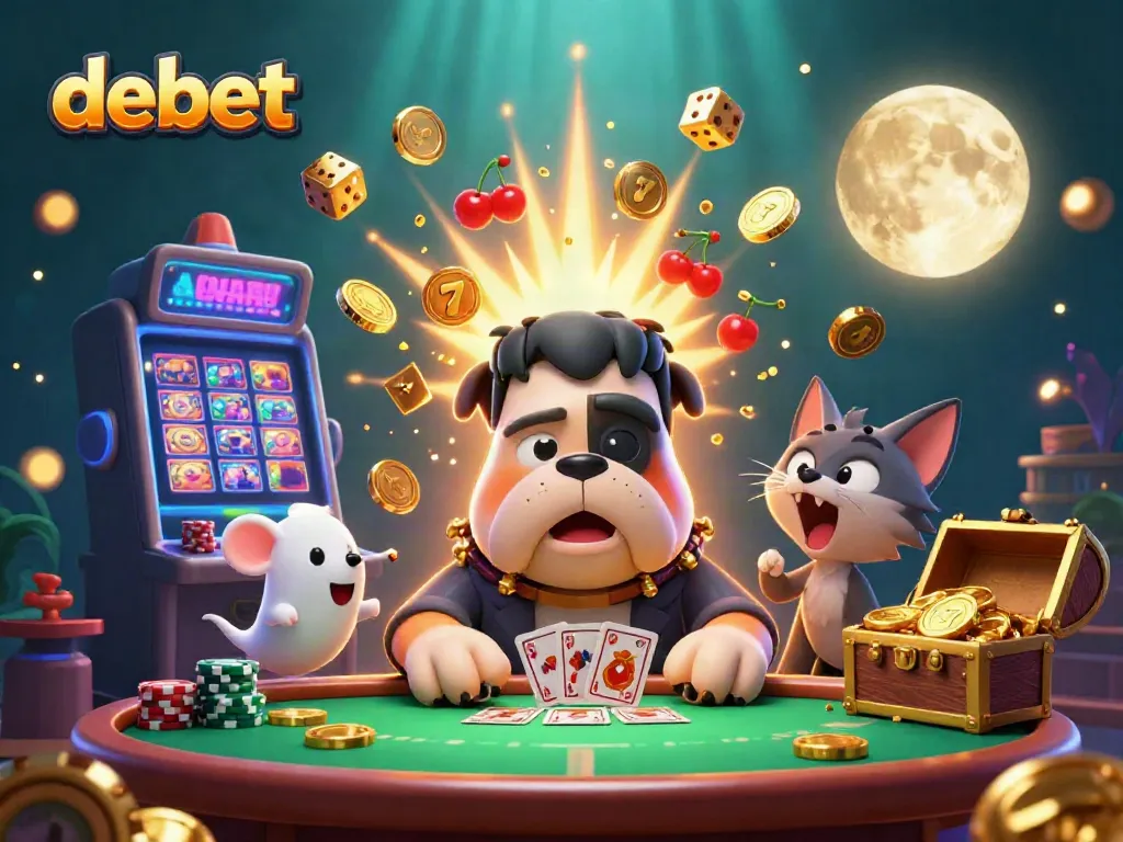 Frankenstein bulldog dealing cards at a spooky table in a vibrant debet casino scene.