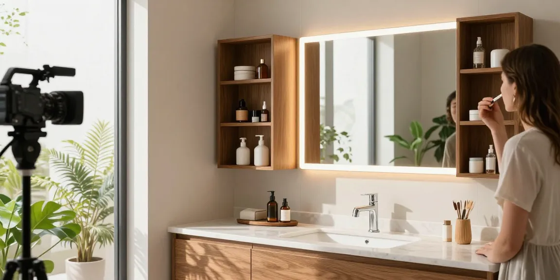 Stijlvolle spiegelkast badkamer met geïntegreerde LED-verlichting en modern ontwerp, die elegantie en functionaliteit toont.
