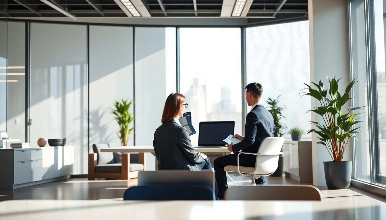 Headhunter discussing career opportunities with a candidate in a modern office setting.
