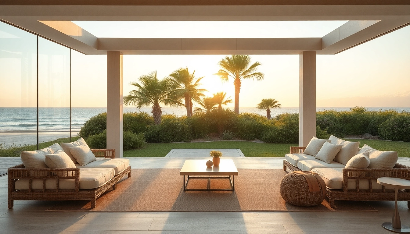 Stilvolles coastal cabana mit Meerblick, umgeben von Garten und Palmen.