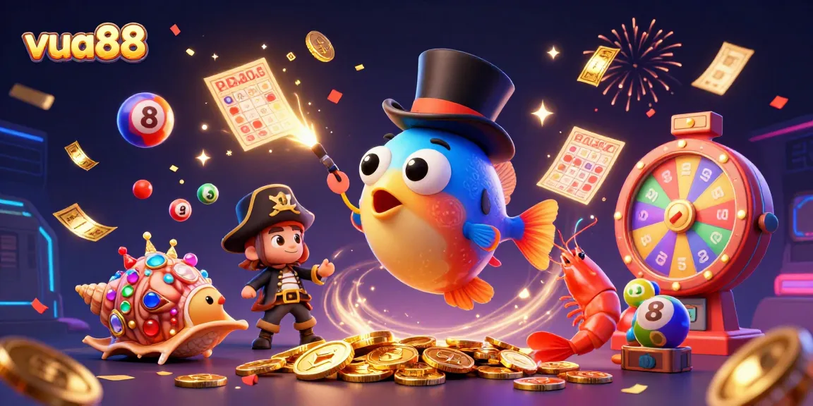 Engage with the vibrant world of vua88, where a deep-sea anglerfish and friends attract winnings amid colorful casino elements.