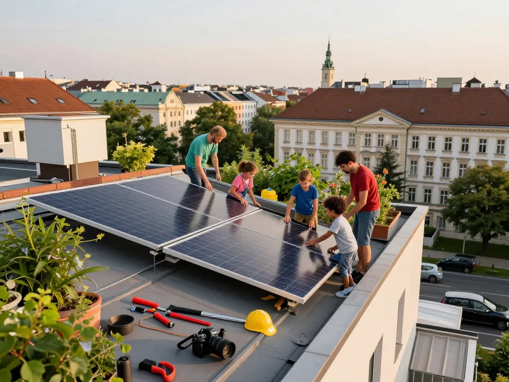 Familie installiert Photovoltaik Wien Solarpanels auf einem städtischen Dach, fördert Nachhaltigkeit und Gemeinschaft.