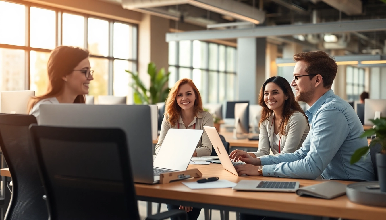 Stellenangebote präsentieren ein modernes Büro mit aktiven Mitarbeitern, die an ihren Laptops arbeiten.