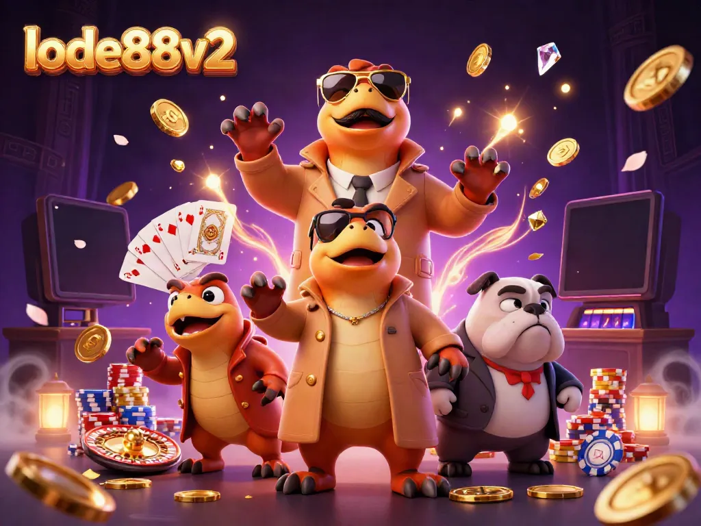 Lode88v2 showcases playful raptors entering a VIP lounge amid dazzling casino elements.