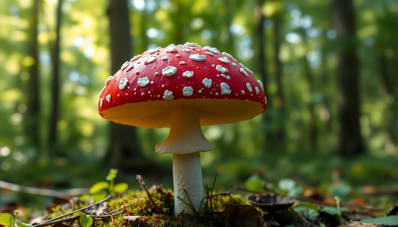 Fliegenpilz Pulver präsentiert in einer natürlichen Waldumgebung mit lebhaften Farben.