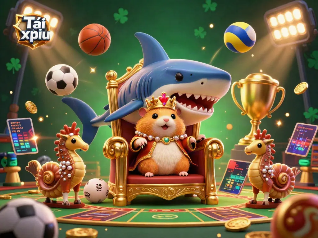 Tài xỉu themed illustration featuring a hamster king with seahorse guards and sports betting elements.