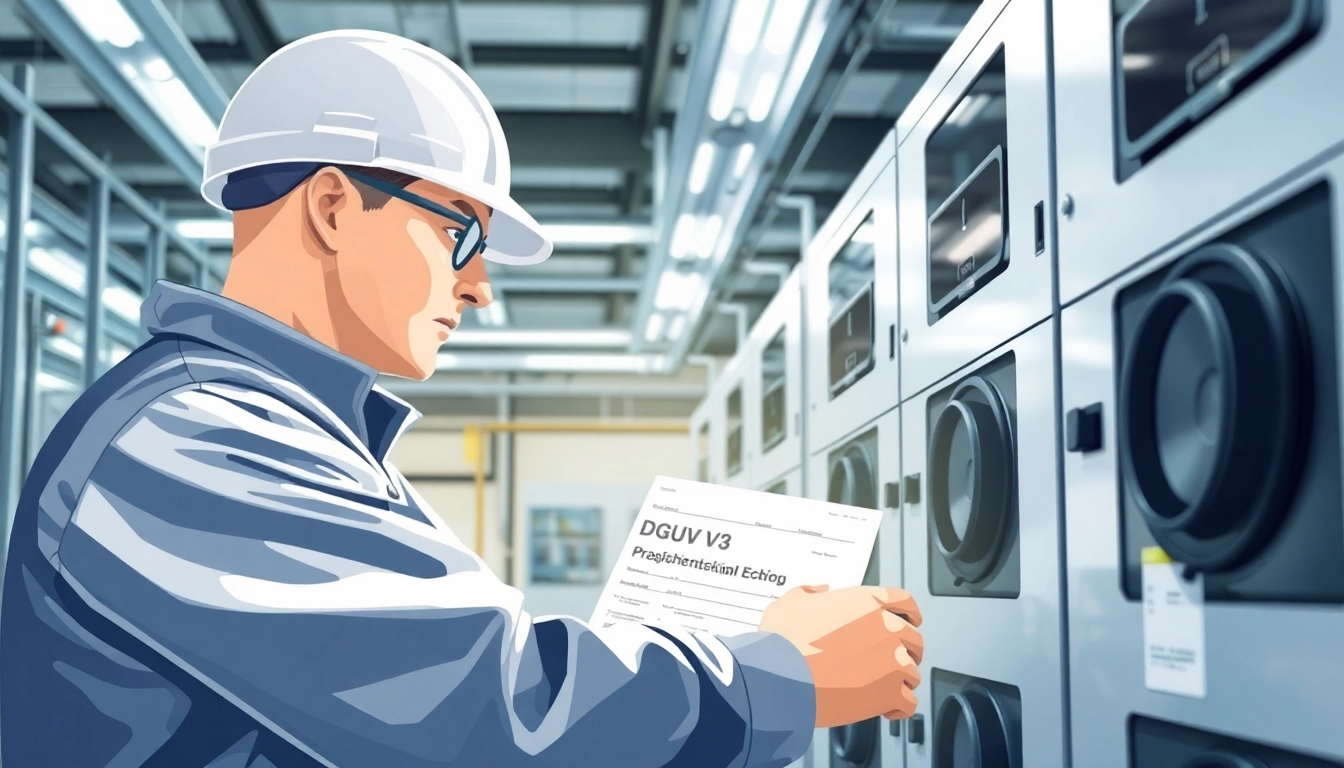 Technician performing DGUV V3 Prüfung on electrical devices in an industrial environment, ensuring safety compliance.