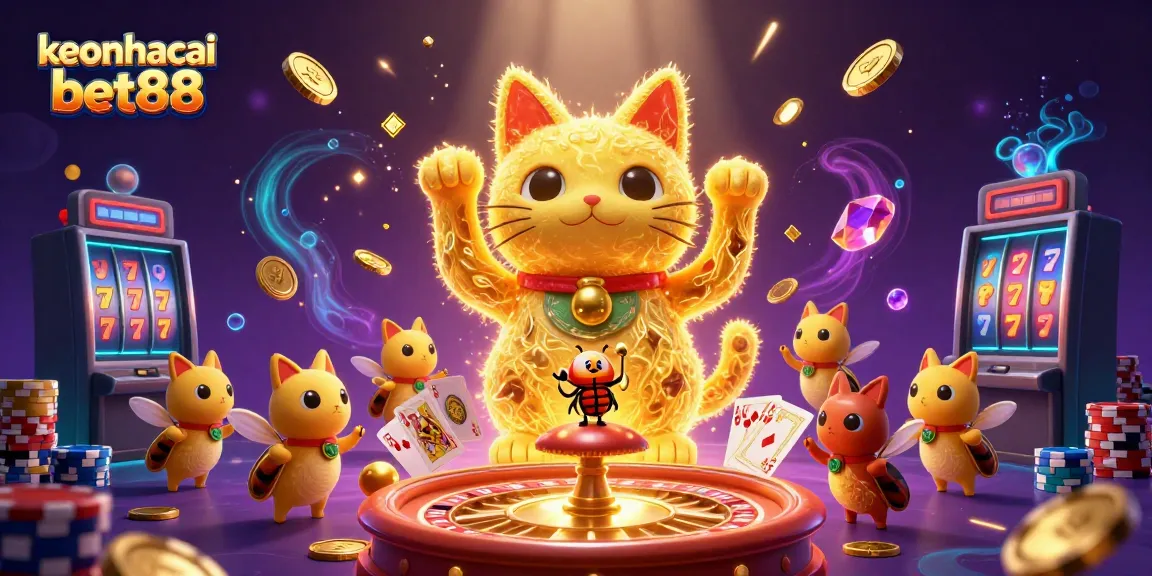 Experience keonhacai bet88 with a magical lucky cat and sparkling casino symbols in an enchanting 3D scene.